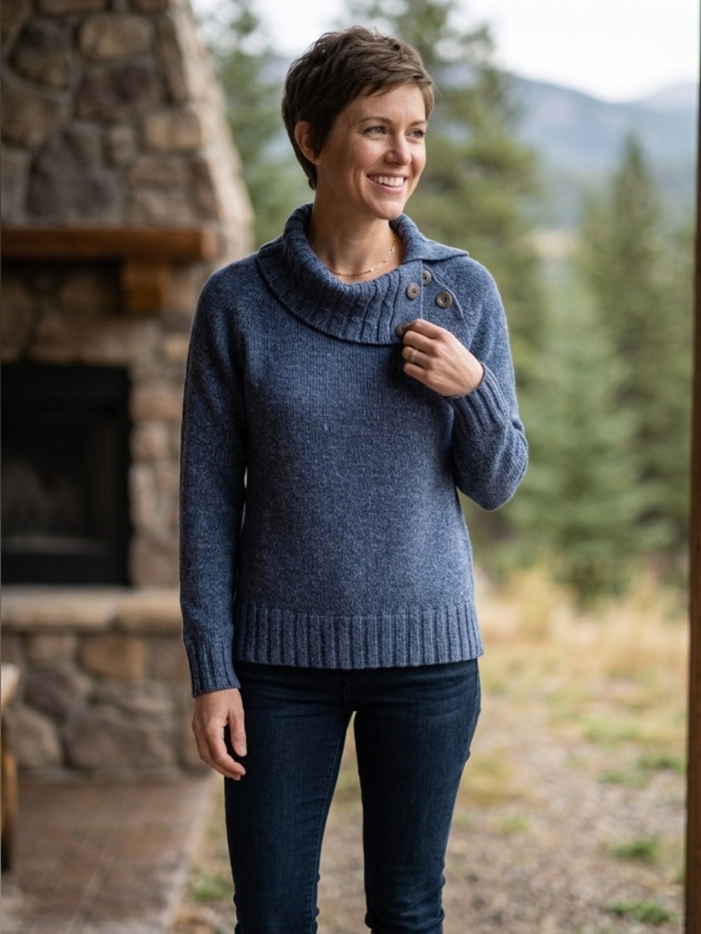 Woolrich | Heather Blue Split Button Cowl Neck Sweater | Sz S